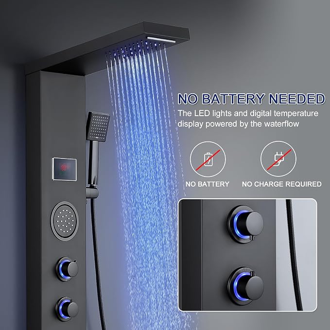 ROVATE 5-in-1 LED Rainfall Waterfall Shower Panel Tower System Matte Black | No Battery Needed Digital Temperature Display, Powerful Body Massage Jets, Flexible Handheld and Tub Spout, Blue LED Knob