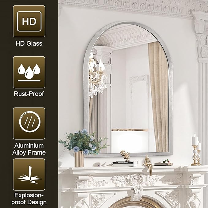 Arched Mirrors for Wall, 28"x20" Arch Bathroom Mirror, for Entryway Living Room Vanity Bedroom Mantel Hallways Home Decor Aluminum Alloy Frame