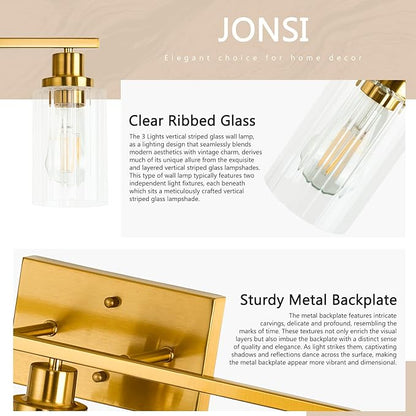 Jonsi 3 Light Brushed Gold Bathroom Vanity Lights with Fluted Glass Shade, Modern Gold Bathroom Lights Over Mirror
