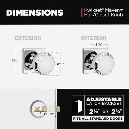 Kwikset Maven Interior Passage Door Knob, Square Handle for Closet and Hallway Doors, Non-Locking Doorknob in Polished Chrome, with Microban Protection