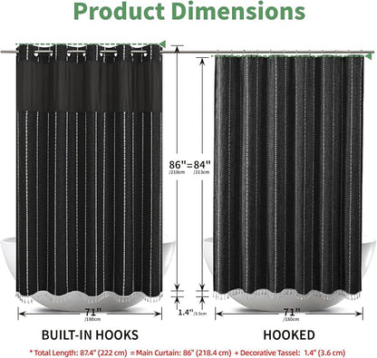 eachope Extra Long No Hook Shower Curtain with Snap-in Liner,71x86,Black | 330GSM Thick Linen Textured Striped Fabric with Tassels,Snap-in Liner,Boho Modern Farmhouse Bathroom Curtain,Water-Repellent