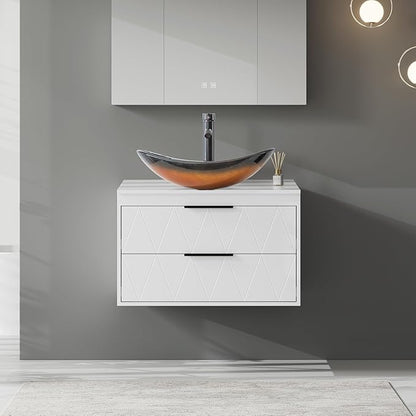 eclife 30" Floating Bathroom Vanities with Sink Combo, Wall Mounted Modern Cabinet W/Diamond Line Pattern Design, Brown Boat Glass Vessel Sink W/Water Save Faucet & Pop Up Drain, White