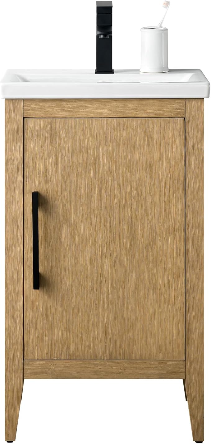 Vanity Art 20 inch Bathroom Vanity with Single Sink & Ceramic Top, Vanity Cabinet with Soft-Closing Doors, Solid Wood Frame, Natural Oak,VA9020-NO-MB1