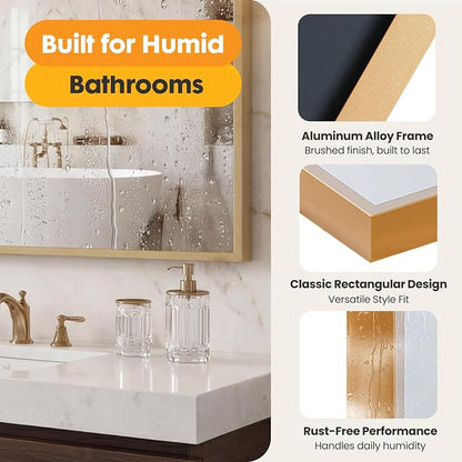 Sweetcrispy Bathroom Mirror, 30" x 48" Rectangle Wall Mount Mirrors | for bathroom Sink, Rectangle Metal Frame Tempered Glass, Home Decor, Anti-Rust Hang, Gold