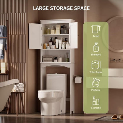 Gizoon Over the Toilet Storage Cabinet with Adjustable Shelf, White | Bathroom Space Saver Organizer Above Toilet with Open Shelf and Double Doors, Taller Wooden Free Standing Toilet Rack