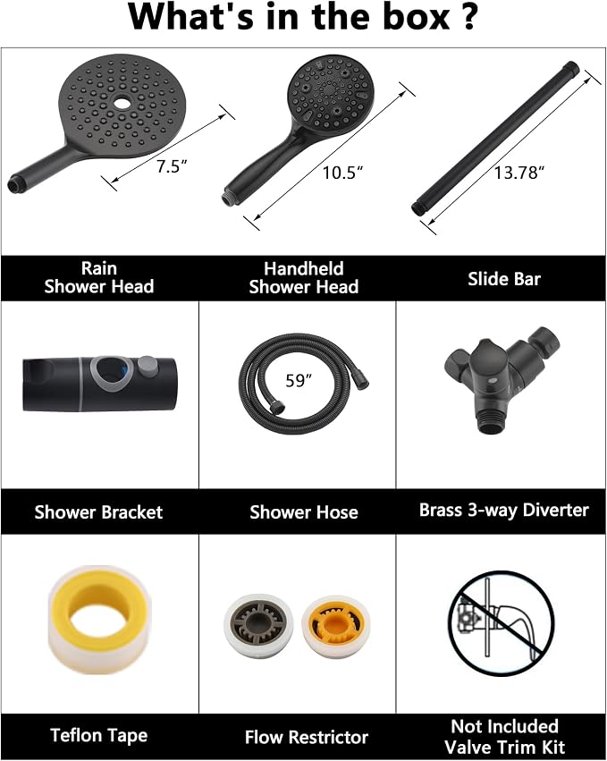 PDPBath High Pressure Rainfall Shower Head with Handheld Combo, 10 Setting Handheld Shower Head, Dual Handheld Shower Head Combo with Slide Bar for Easy Reach, Matte Black
