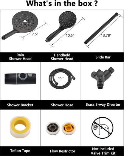 PDPBath High Pressure Rainfall Shower Head with Handheld Combo, 10 Setting Handheld Shower Head, Dual Handheld Shower Head Combo with Slide Bar for Easy Reach, Matte Black