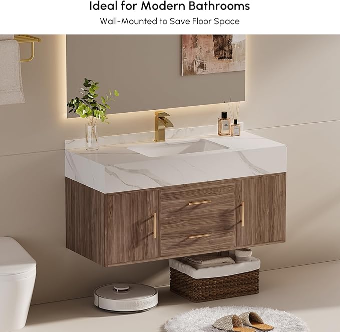 39.3" Floating Bathroom Vanity Set, Modern Wall-Mounted Vanity with Sintered Stone Countertop, Undermount Sink & Walnut Finish, Easy to Clean