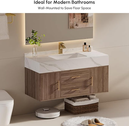 39.3" Floating Bathroom Vanity Set, Modern Wall-Mounted Vanity with Sintered Stone Countertop, Undermount Sink & Walnut Finish, Easy to Clean
