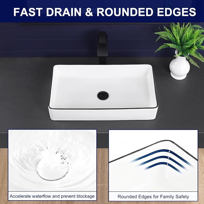 Vessel Sink 24"x14" Rectangular Bathroom Sink Modern White with Black Trim Porcelain Ceramic Above Counter Vanity Sink for Bathrooms Art Basin