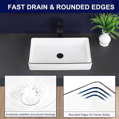 Vessel Sink 24"x14" Rectangular Bathroom Sink Modern White with Black Trim Porcelain Ceramic Above Counter Vanity Sink for Bathrooms Art Basin