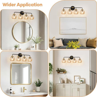 MOKATNG Bathroom Light Fixtures, 4-Light Amber Vanity Lights with Unique Leaf Texture Glass Shade, Modern Matte Black and Gold Bathroom Wall Lamp for Mirror Hallway Cabinet Living Room