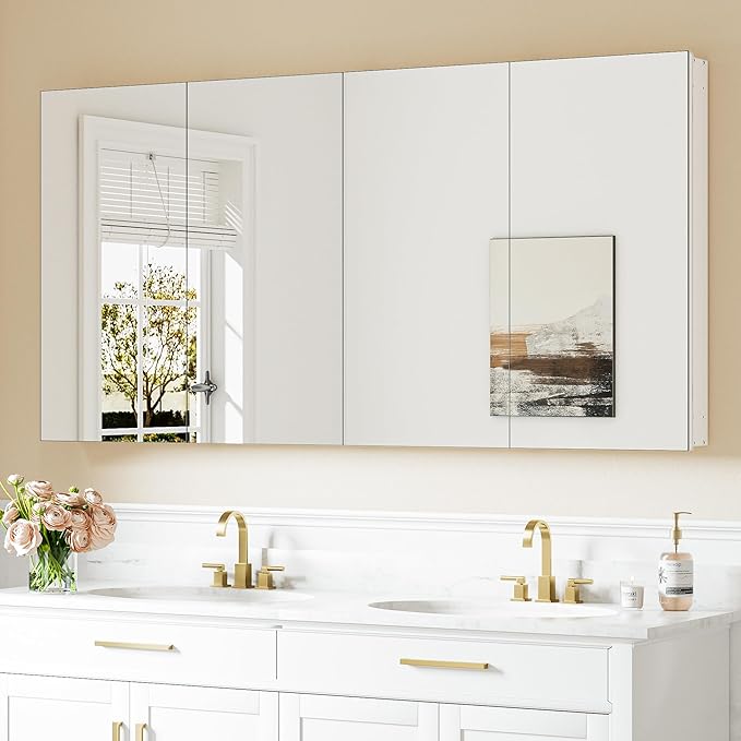 Keonjinn 64" x 32" White Large Medicine Cabinet with Mirror, Tempered Glass | Assembly Required, Lightweight Aluminum Frame, Adjustable Shelves, Surface Mount or Recessed, Clear Reflection, Soft Close