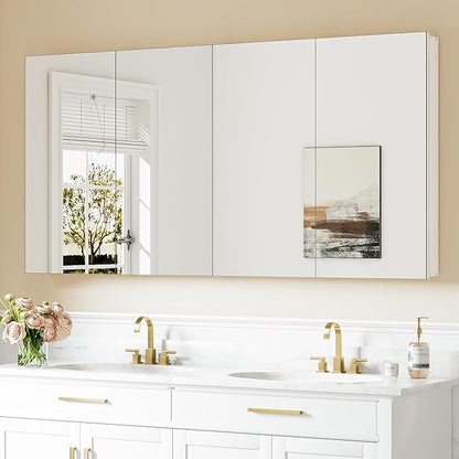 Keonjinn 64" x 32" White Large Medicine Cabinet with Mirror, Tempered Glass | Assembly Required, Lightweight Aluminum Frame, Adjustable Shelves, Surface Mount or Recessed, Clear Reflection, Soft Close