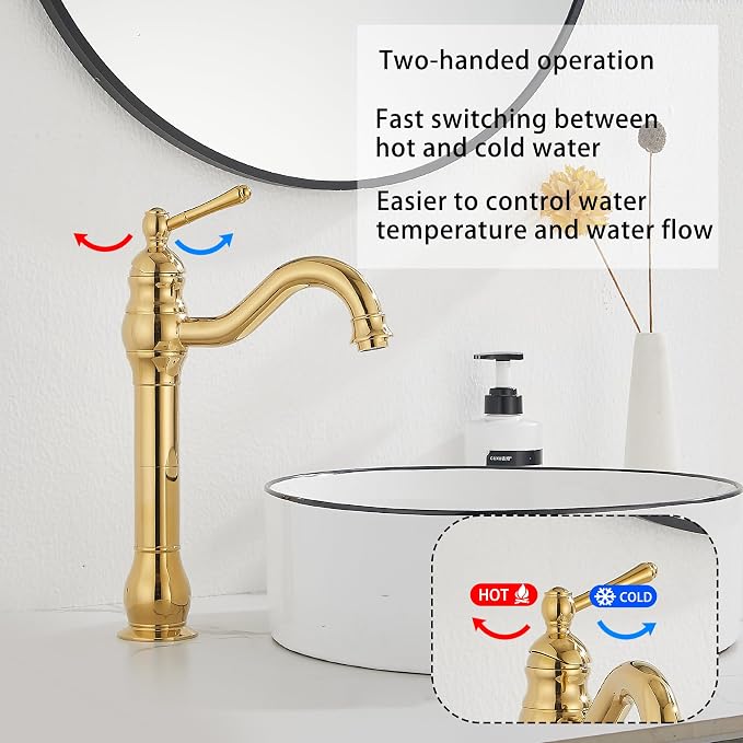 Single Handle Bathroom Vessel Sink Faucet, Polished Gold | 360° Swivel, Single-Handle One Hole, Matching Pop Up Drain, Farmhouse Style
