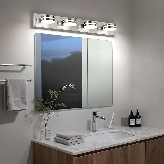 4-Light Bathroom Vanity Light, Brushed Nickel Bathroom Light Fixtures Over Mirror, LED Dimmable 5500K Bath Lighting Fixture, Modern Wall Mounted Lighting Fixture with 360°Rotating Lamp Head