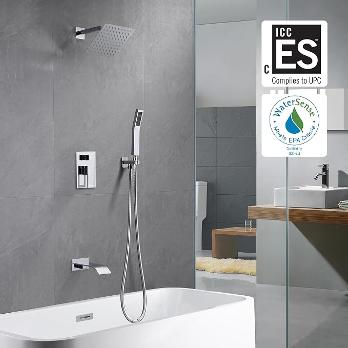 SUMERAIN Shower System with Waterfall Tub Spout, Chrome Finish | 3 Functions, 8" Rain Shower Head, Brass HandHeld Shower, Anti-scalding Pressure Balance Cartridge, Including Rough-In Valve