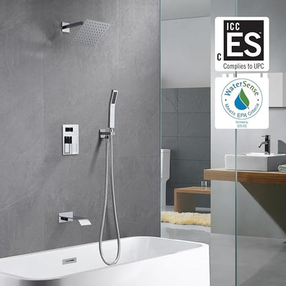 SUMERAIN Shower System with Waterfall Tub Spout, Chrome Finish | 3 Functions, 8" Rain Shower Head, Brass HandHeld Shower, Anti-scalding Pressure Balance Cartridge, Including Rough-In Valve
