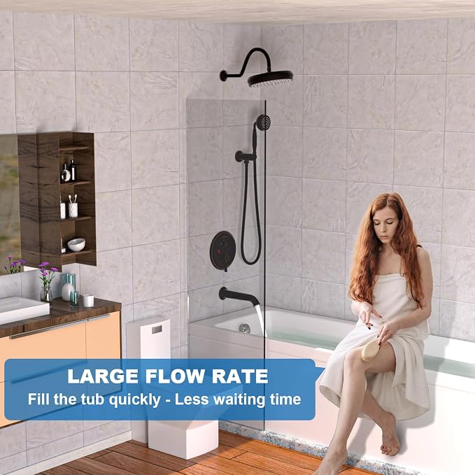Enga Antique Brass Tub Shower Faucet Fixture Shower System, 8inch Wall Mount Rain Shower with Spout and Hand Spray,Oil Rubbed Bronze