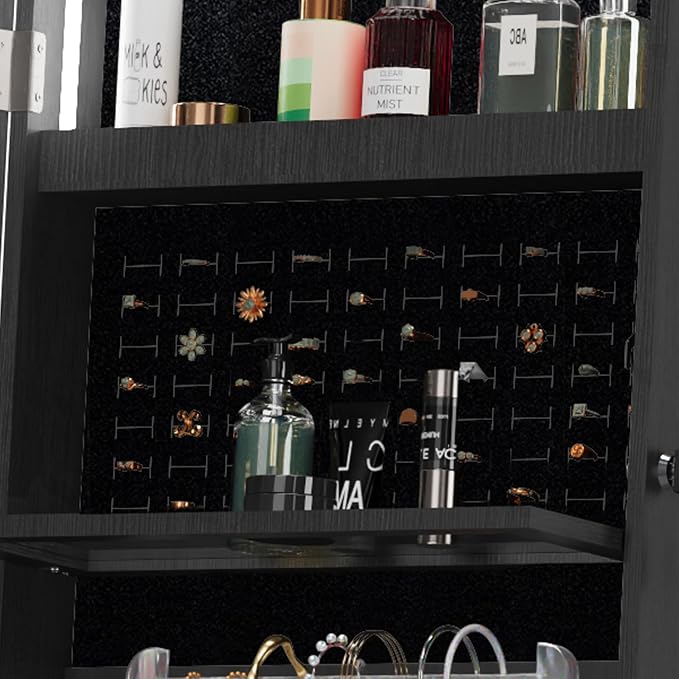 Lockable Mirror Jewelry Cabinet Standing, Full Length Mirror with Storage, 360° Swivel Jewelry Organizer Armoire, Black