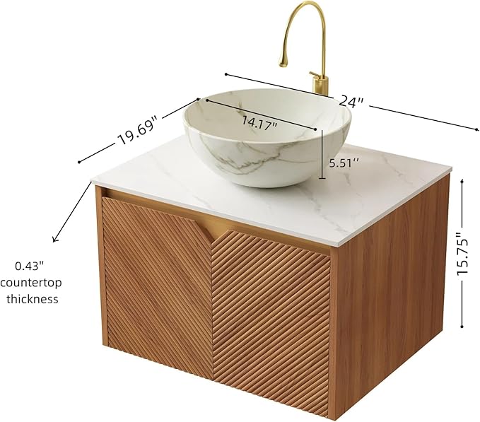 24 Inch Bathroom Vanity with Sink, Floating Fluted Vanity with Vessel Sink, Modern Wall Mounted Bathroom Vanity Cabinet with 2 Doors, Bowl Ceramic Sink & Sintered Stone Top, Oak