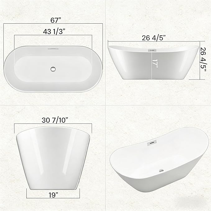 67" Acrylic Freestanding Soaking Bathtub, Free Standing Tub, Stylish Stand Alone Contemporary Soaking Tub with Integrated Overflow and Drain In Chrome, cUPC Certified