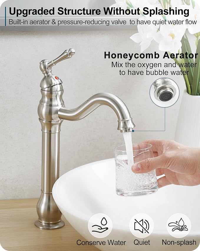 Single Handle Bathroom Faucet Brushed Nickel, Brass Vessel Sink Faucet 360 Degree Swivel Tall Bathroom Sink Faucet 1 Hole, Bathroom Faucets with Pop-up Drain & Aerator for Hotels Modern No Noise