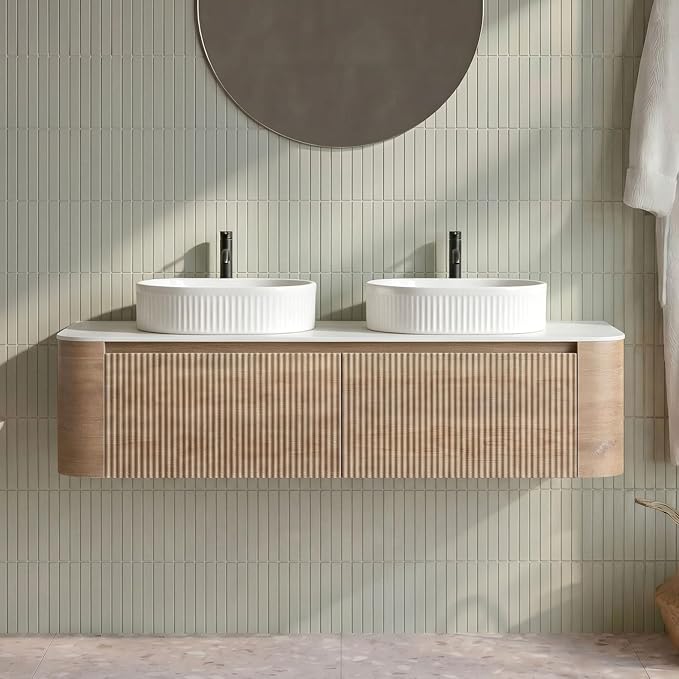 60" Preassembled Double Floating Bathroom Vanity with White Sink, Oak | Mid-Century Modern Style, Fluted & Soft-Close Drawer with U-shaped Wall, Sinterted Stone Countertop, Towel Rack Included