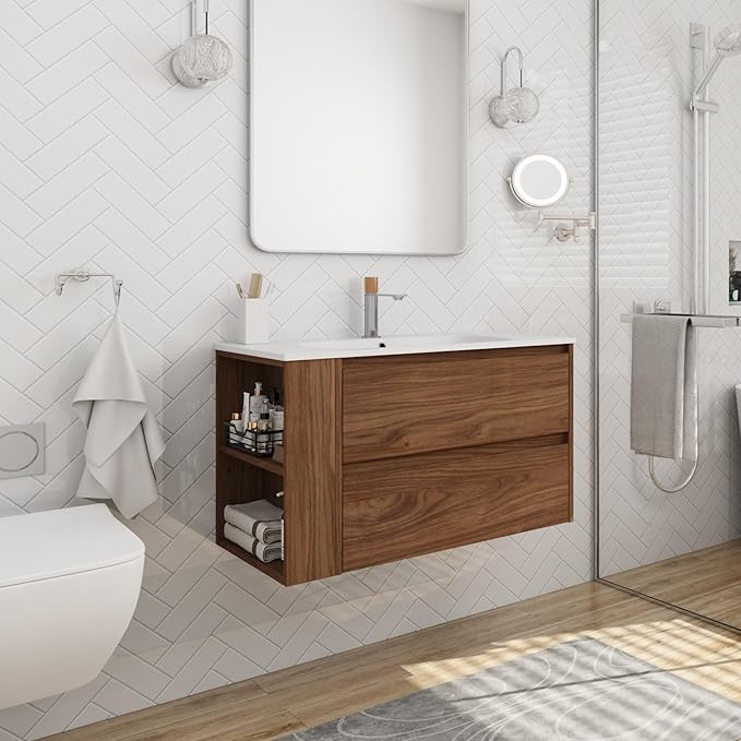 Henf 30 Inch Wall Mount Bathroom Vanity W/Sink Combo, Modern Design Vanity Cabinet with Gel Basin, Floating Mounting Bathroom Cabinet Set with 2 Drawer and Adjustable Storage Shelf,Brown