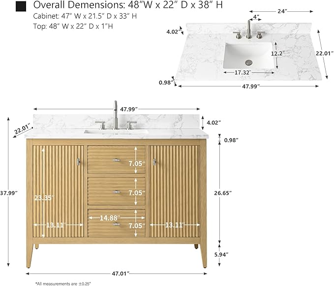 HOMEBEYOND 48" Bathroom Vanity with Sink, Solid Wood Bathroom Vanity Free-Standing Cabinet, Drawers, Ceramic Top & Soft Closing Door, Golden Brushed Handware, Natural Oak