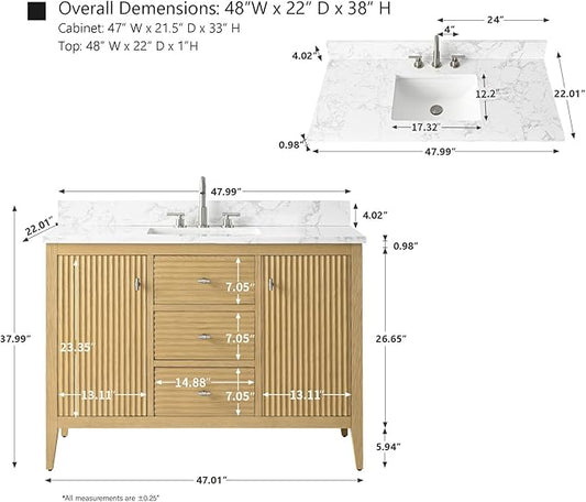 HOMEBEYOND 48" Bathroom Vanity with Sink, Solid Wood Bathroom Vanity Free-Standing Cabinet, Drawers, Ceramic Top & Soft Closing Door, Golden Brushed Handware, Natural Oak
