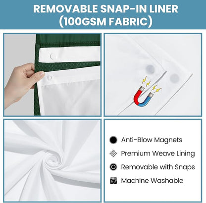 SORTTO No Hook Shower Curtain with Snap in Liner Set Waffle Shower Curtain for Bathroom Hotel Style Fabric Waterproof Inner Liner，71" W x 74" H, Dark Green