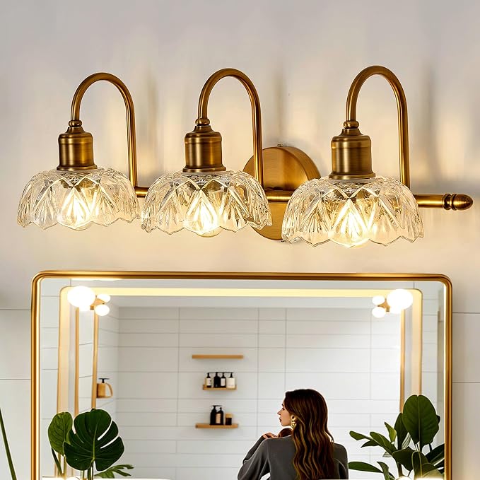UOFUS Gold Vintage Vanity Light 3 Lights Bathroom Lighting Fixtures Over Mirror with Clear Glass Shade