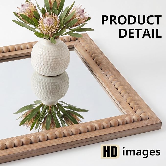 H HOMEWINS Rustic Rectangle Mirror,24x36 Wooden Farmhouse Mirrors,Boho Bathroom Wall-Mounted Nature Beads Decor Mirror for Bedroom, Living Room,Vanity,Entryway,Over Sink