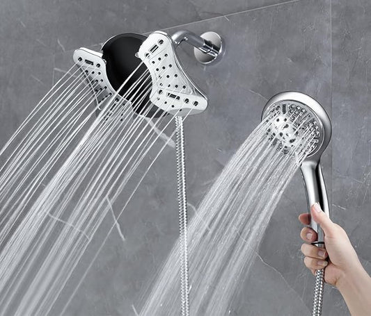 GRICH Shower Head with Handheld Spray - Dual High Pressure Showerhead | Rainfall Shower Heads Combo, Detachable Hand Shower, 9 Spray Settings, 60" Stainless Steel Shower Hose, 2.5GPM, Silver