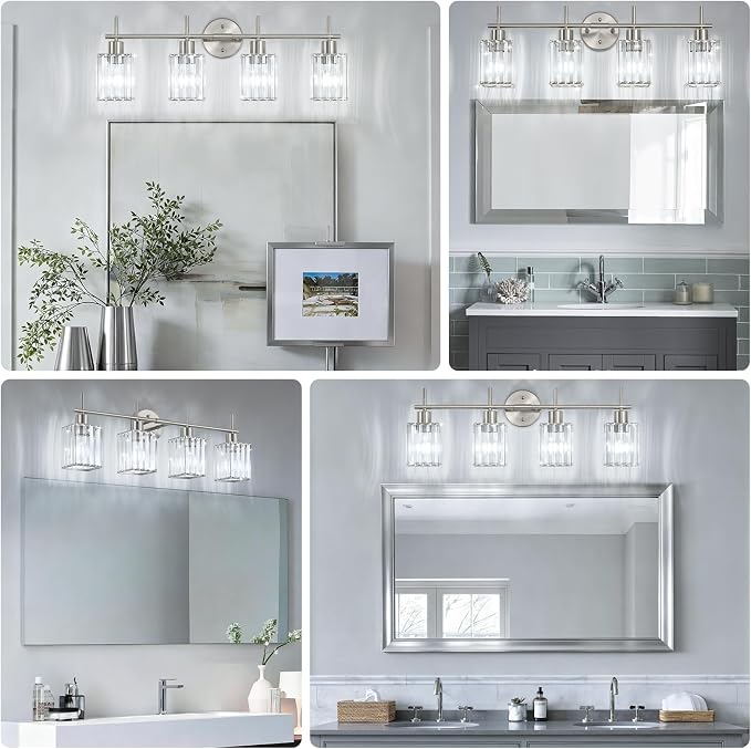 Brushed Nickel Bathroom Light Fixtures, Square, 4-Light | Vanity Lights with Crystal Shades, Modern Bathroom Lighting Fixtures over Mirror (Bulbs Not Included, E26)