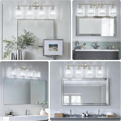 Brushed Nickel Bathroom Light Fixtures, Square, 4-Light | Vanity Lights with Crystal Shades, Modern Bathroom Lighting Fixtures over Mirror (Bulbs Not Included, E26)