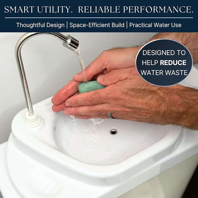Sinkology SinkPositive GreenFlow Toilet Tank Sink, Water Saving Retrofit | Turns toilet tank lid into a handwashing sink, no plumbing needed, reuses rinse water, small bath saver