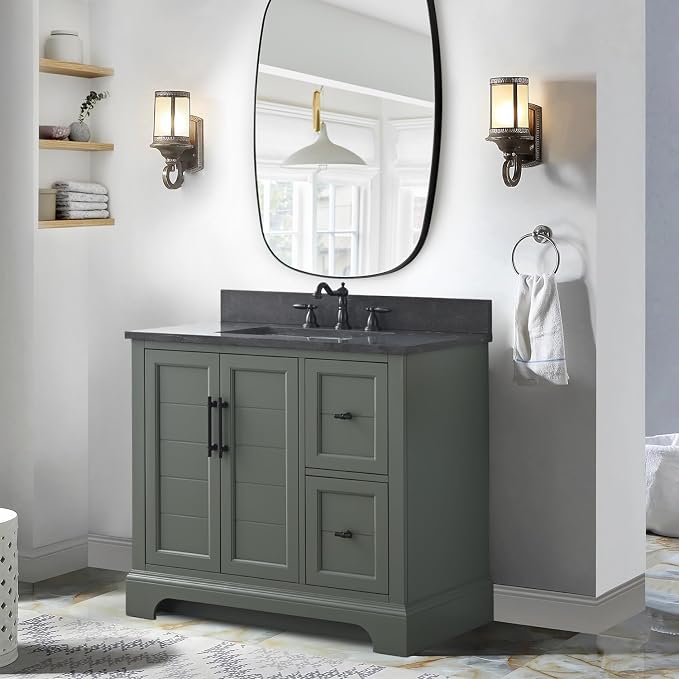Vanity Art 36 Inch Bathroom Vanity with Single Sink, Vintage Green | Solid Wood, Ceramic Sink, Marble Top, Waterproof Backsplash, Pre-assembled, Soft-close Doors, Ample Storage, Freestanding