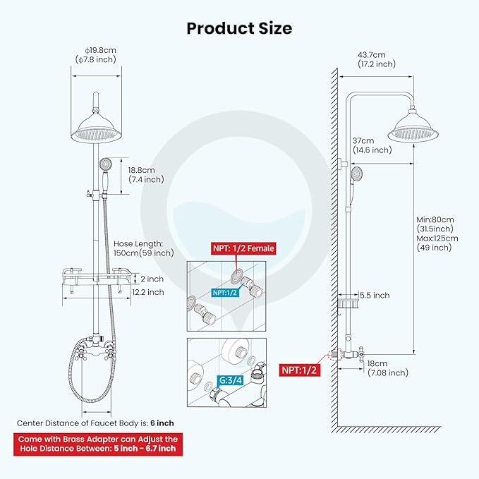 gotonovo Matte Black 8 inch Rainfall Shower Head Dual Functions Wall Mounted Exposed Shower Faucet with Shower Shelf Double Cross Handles With Adjustable Ceramics Handheld Sprayer Shower Shower System