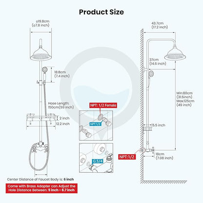 gotonovo Matte Black 8 inch Rainfall Shower Head Dual Functions Wall Mounted Exposed Shower Faucet with Shower Shelf Double Cross Handles With Adjustable Ceramics Handheld Sprayer Shower Shower System