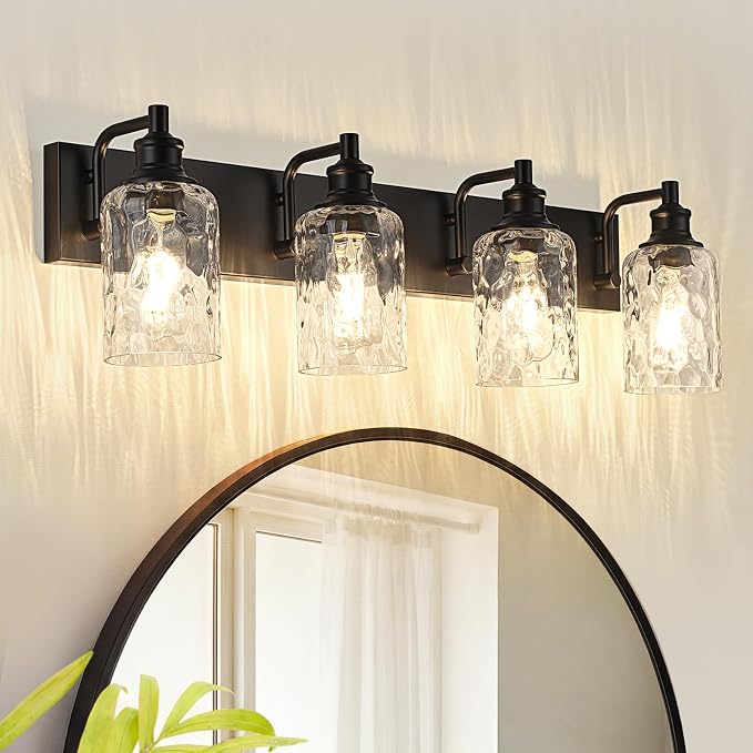 Bathroom Light Fixtures Over Mirror, 4 Lights Vanity Lights with Hammered Glass Shade, 30.8" Matte Black Farmhouse Bathroom Light Fixtures for Bedroom, Porch, Hotel, Mirror Cabinet