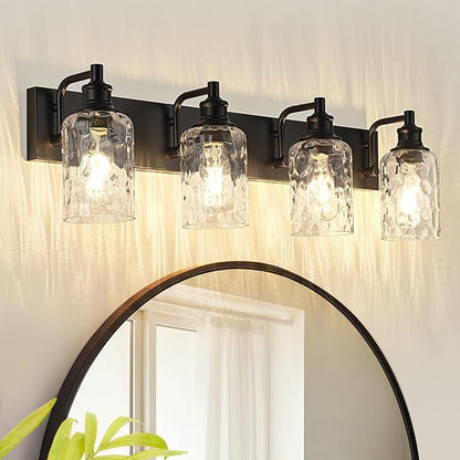Bathroom Light Fixtures Over Mirror, 4 Lights Vanity Lights with Hammered Glass Shade, 30.8" Matte Black Farmhouse Bathroom Light Fixtures for Bedroom, Porch, Hotel, Mirror Cabinet