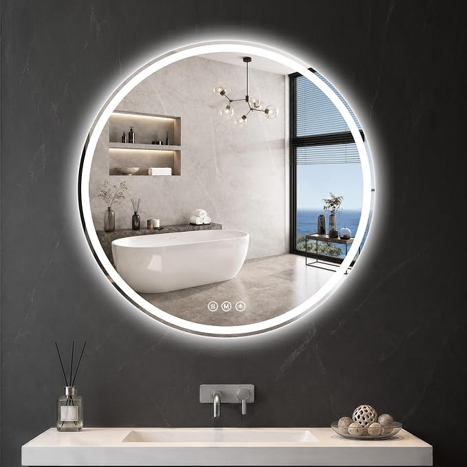 Round LED Bathroom Mirror, 36 Inch, HD Shatterproof Tempered Glass | Lighted Bathroom Mirror with Dimmable Lights Bathroom Mirror with Lights for Wall, 3 Color Temperatures