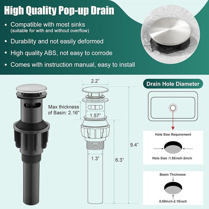 Heyalan Tall Vessel Sink Faucet, Single Handle 1-Hole,Brushed Nickel | SUS304 stainless steel, 360° swivel spout, includes pop-up drain & hoses, deck mount 1-hole, tall design for vessel sink