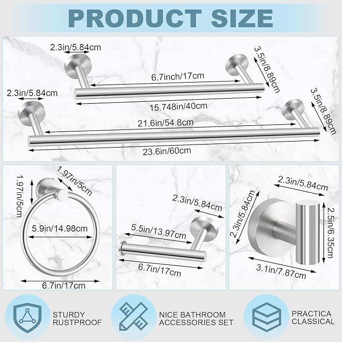 Gisafai 40 Pcs Brushed Nickel Bathroom Accessories Hardware Set Silver Towel Racks for Bathroom SUS304 Stainless Steel 23.6 Inch Brushed Towel Bar Ring Toilet Paper Holder Robe Hooks for Wall Mounted