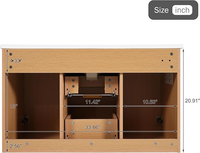 36" Wall Mounted Bathroom Vanity with Ceramic Sink, Modern Floating Bathroom Cabinet with Soft Close Doors & Divided Drawers, MDF Wood Vanity Set for Small Bathroom, Natural Oak