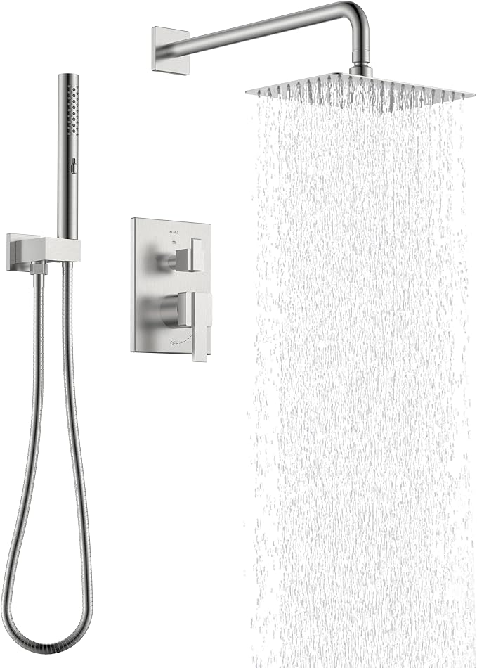 KENES Brushed Nickel Square Rain Shower System Faucet Set with Handheld | Shower Faucet with 10-Inch Rain Shower Head, Square Shower System, Valve Included, Lead-Free cUPC & NSF Certified, Stainless