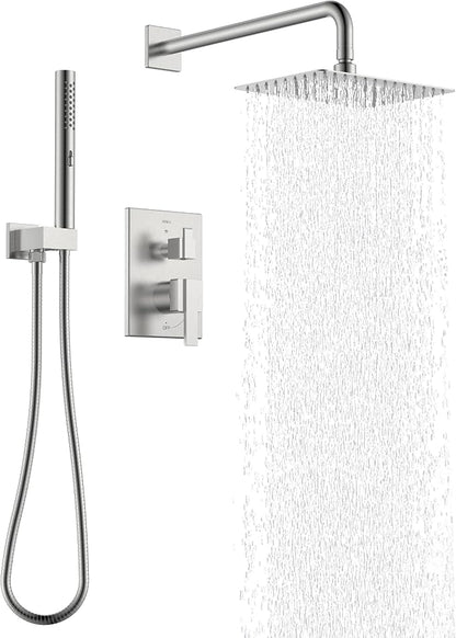 KENES Brushed Nickel Square Rain Shower System Faucet Set with Handheld | Shower Faucet with 10-Inch Rain Shower Head, Square Shower System, Valve Included, Lead-Free cUPC & NSF Certified, Stainless