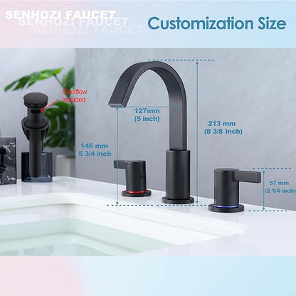 Matte Black Bathroom Faucets 3 Holes, 8 Inch Widespread Bathroom Sink Faucet, 2 Handles Black Bathroom Faucet with Pop-up Drain and Supply Hose SE-0018-BK